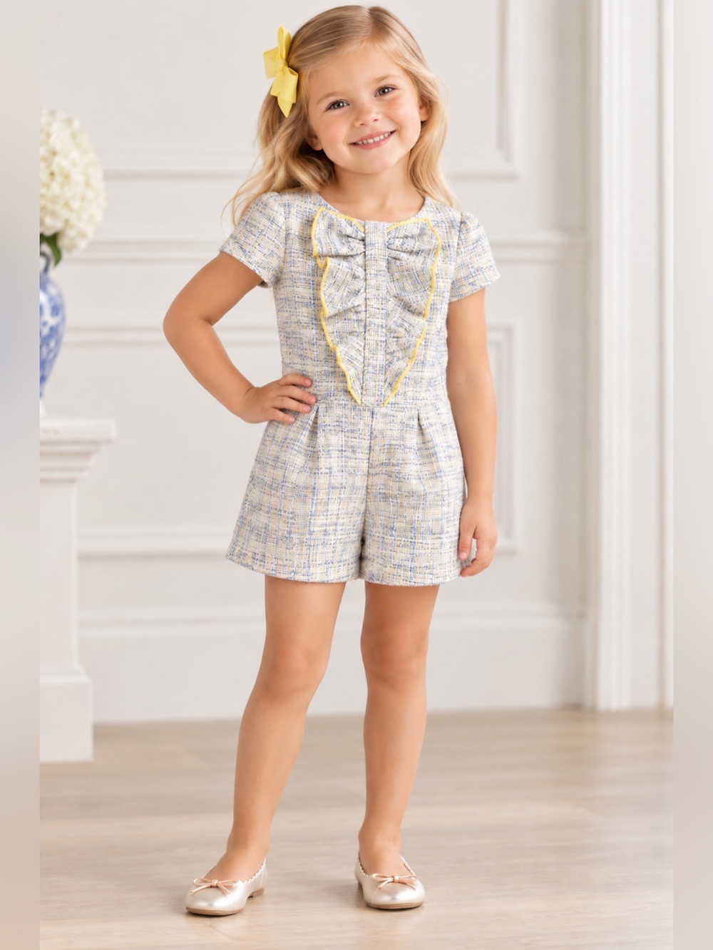 Janie and Jack Tweed Ruffle Romper Blue Yellow Size 3